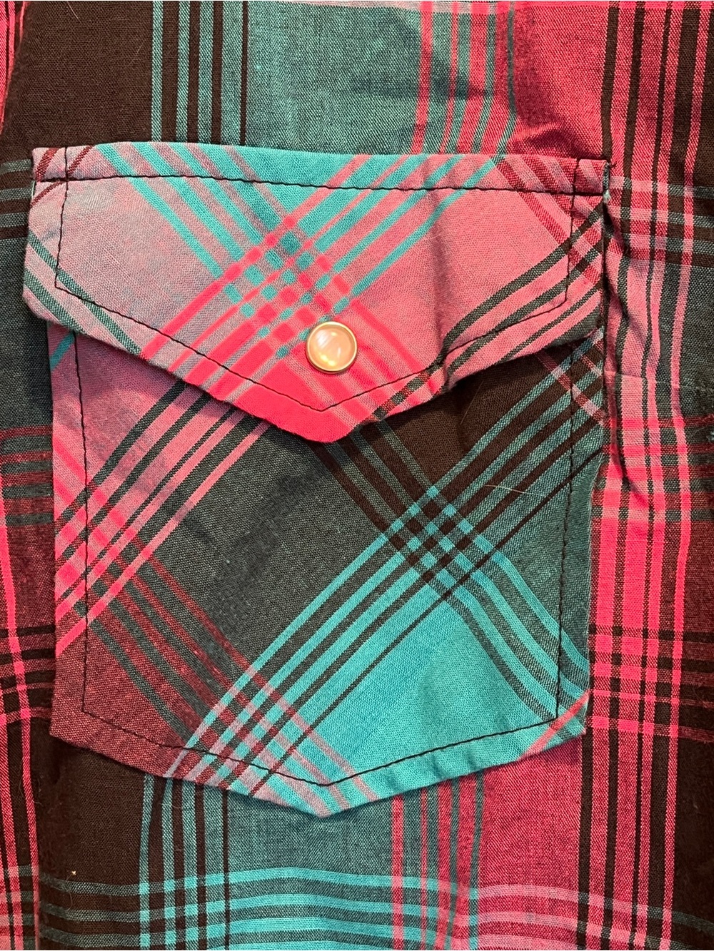 Wrangler Women's Western Plaid Pearl Snap Shirt Teal Pink Retro Vibe Size M - Picture 5 of 6